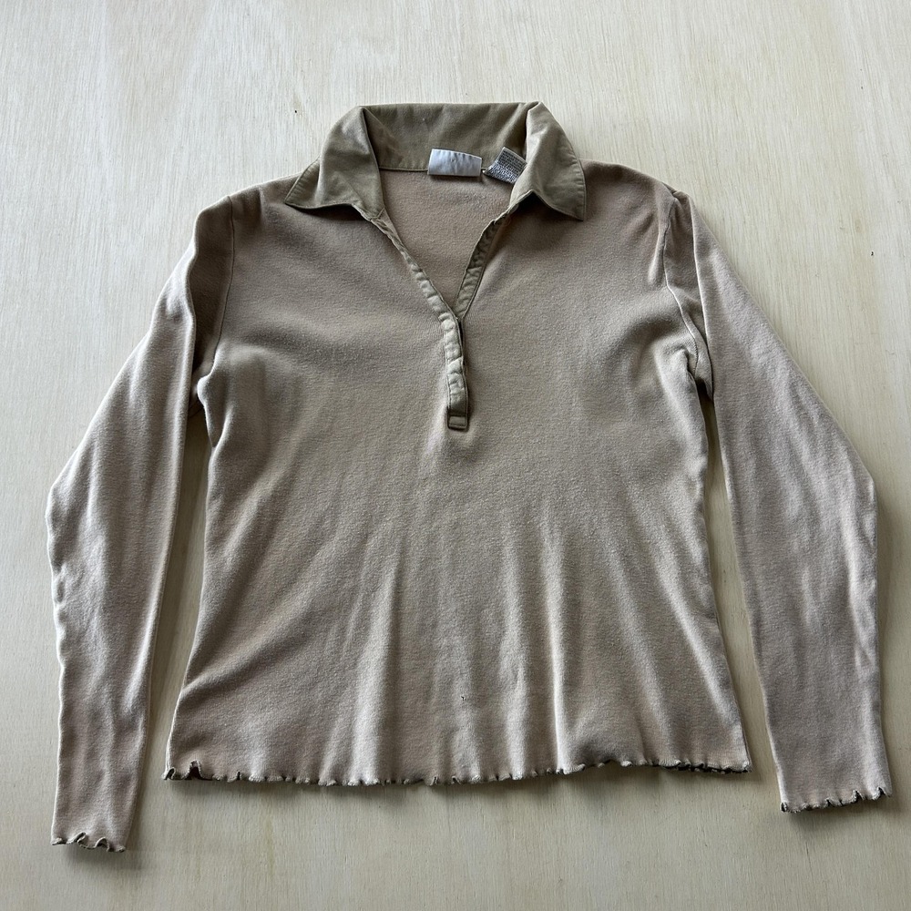 Vintage Bill Blass Jeans Polo Shirt Womens Medium Beige Long Sleeve Lettuce Hem